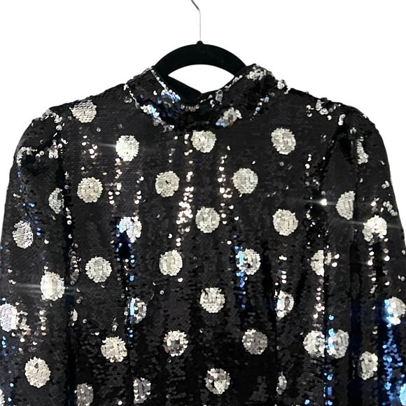 Sister Jane Olympic Long Sleeve Polka Dot Sequin Mini Dress Black Silver Medium - Picture 4 of 11
